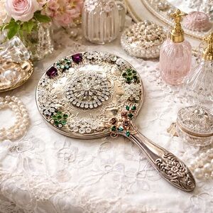 ✨ Hand-Embellished Vintage Silver Plate Vanity Mirror ✨